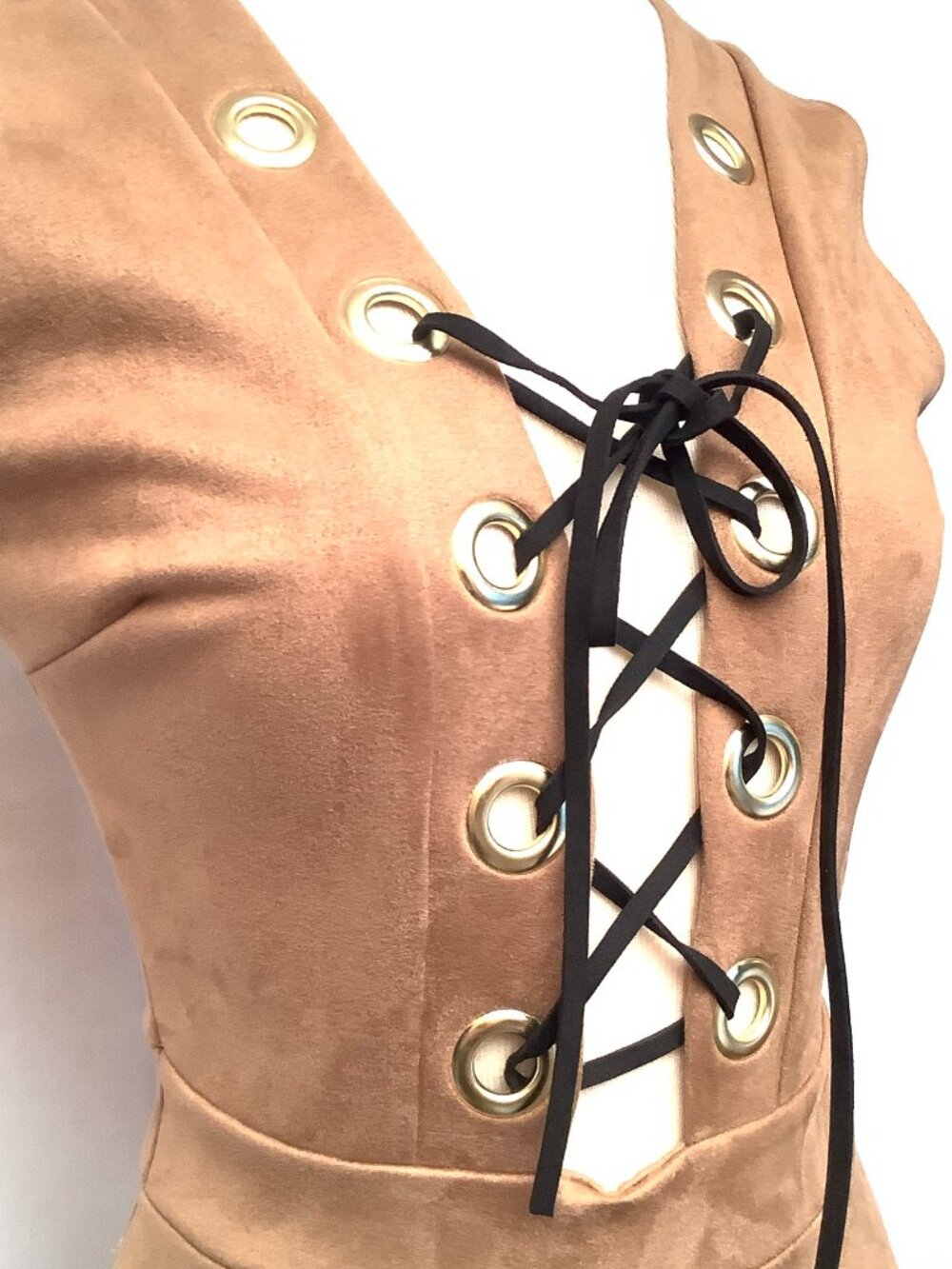 Vintage Costume Jumpsuit Chest Lace-up Faux Tan Suede New Deadstock